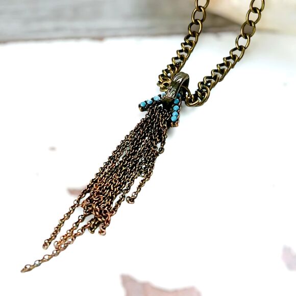 Turquoise & Bronze Tassel Choker Necklace, Adjustable, Boho Chic, Upcycled - Picture 1 of 4